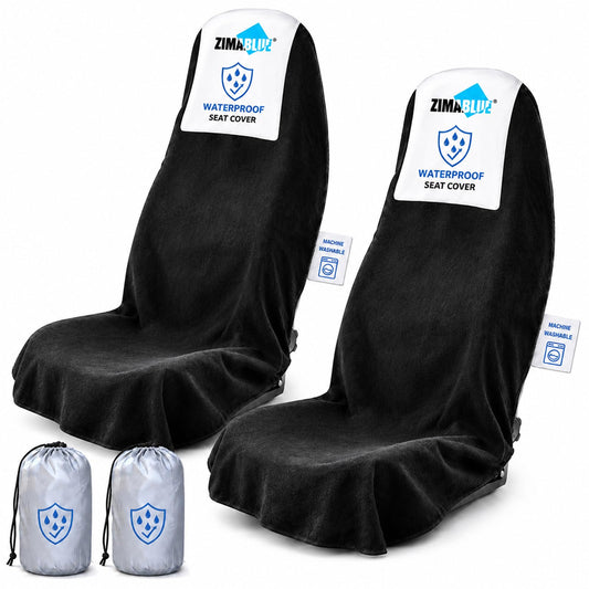ZIMABLUE 2 Pack Waterproof Towel Car Seat Covers, 1kg Heavy Duty 3-Layer Microfiber Sweat Protector, Non-Slip Machine Washable Universal Bucket Seat Covers for Cars, SUVs, Gym, Beach, Pets, Black