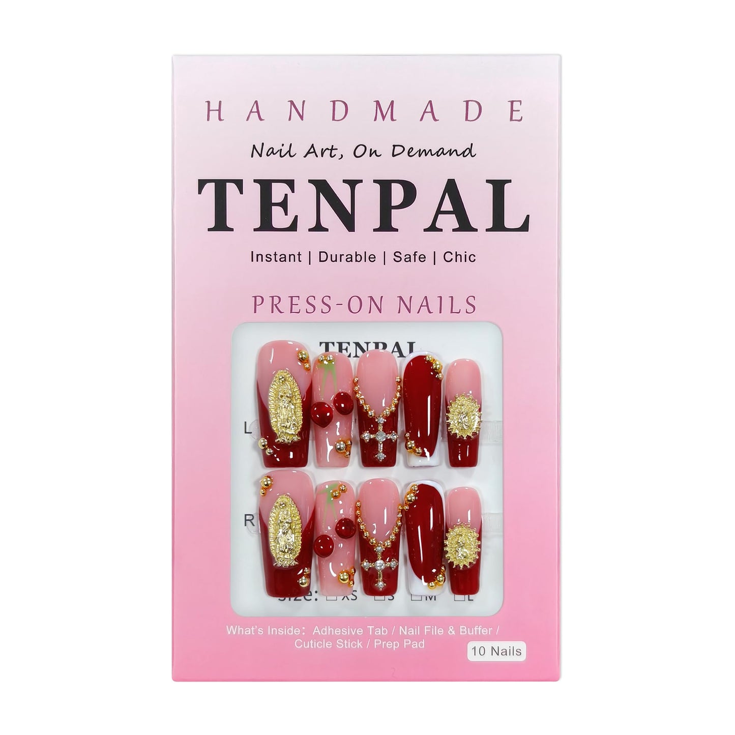 TENPAL Burgundy French Press on Nails Long Square,3D Embossed Cross Design Luxury False Nails for Wedding Party,Elegant Gothic Glue on Nails for Women Girls(L)