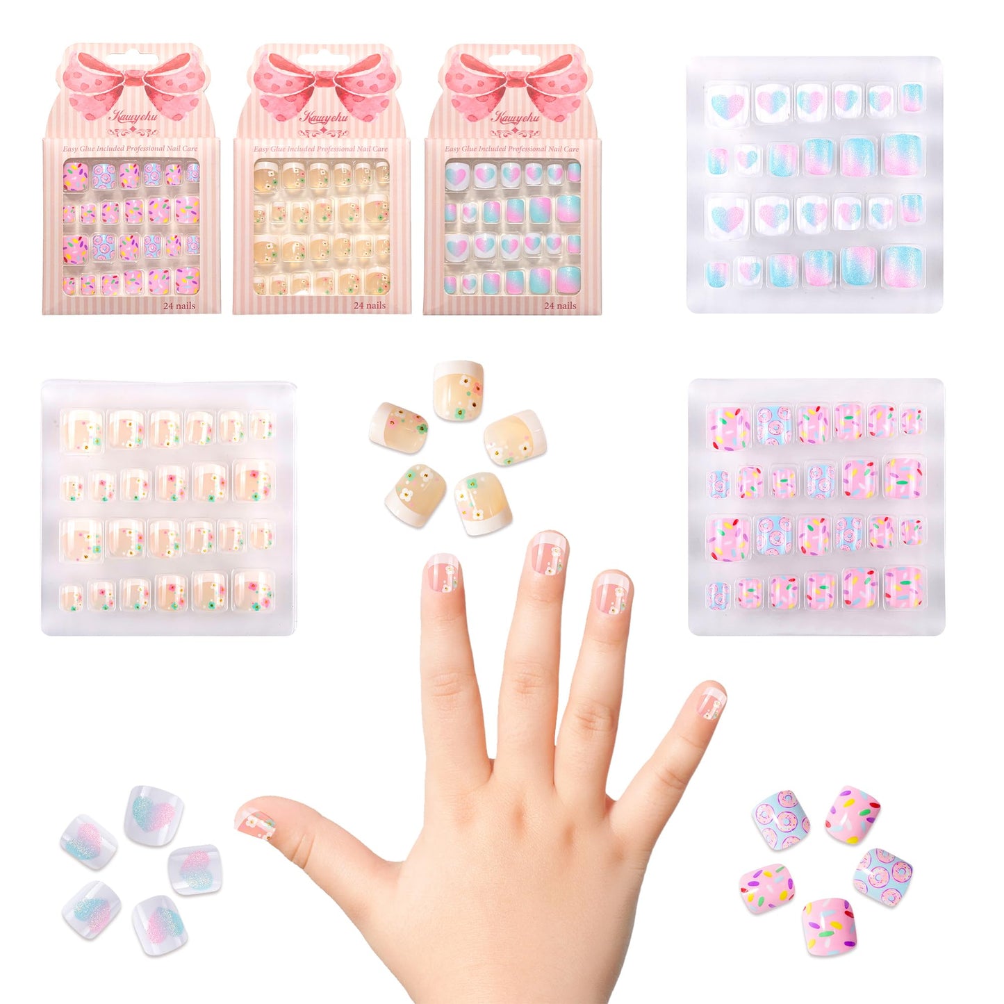 Kawyehu Kids Press on Nails Children Fake Nails 72PCS Artificial Nail Tips Adhesive Full Cover Short False Fingernails for Girls Kids Nail Decoration (French Donut Heart)