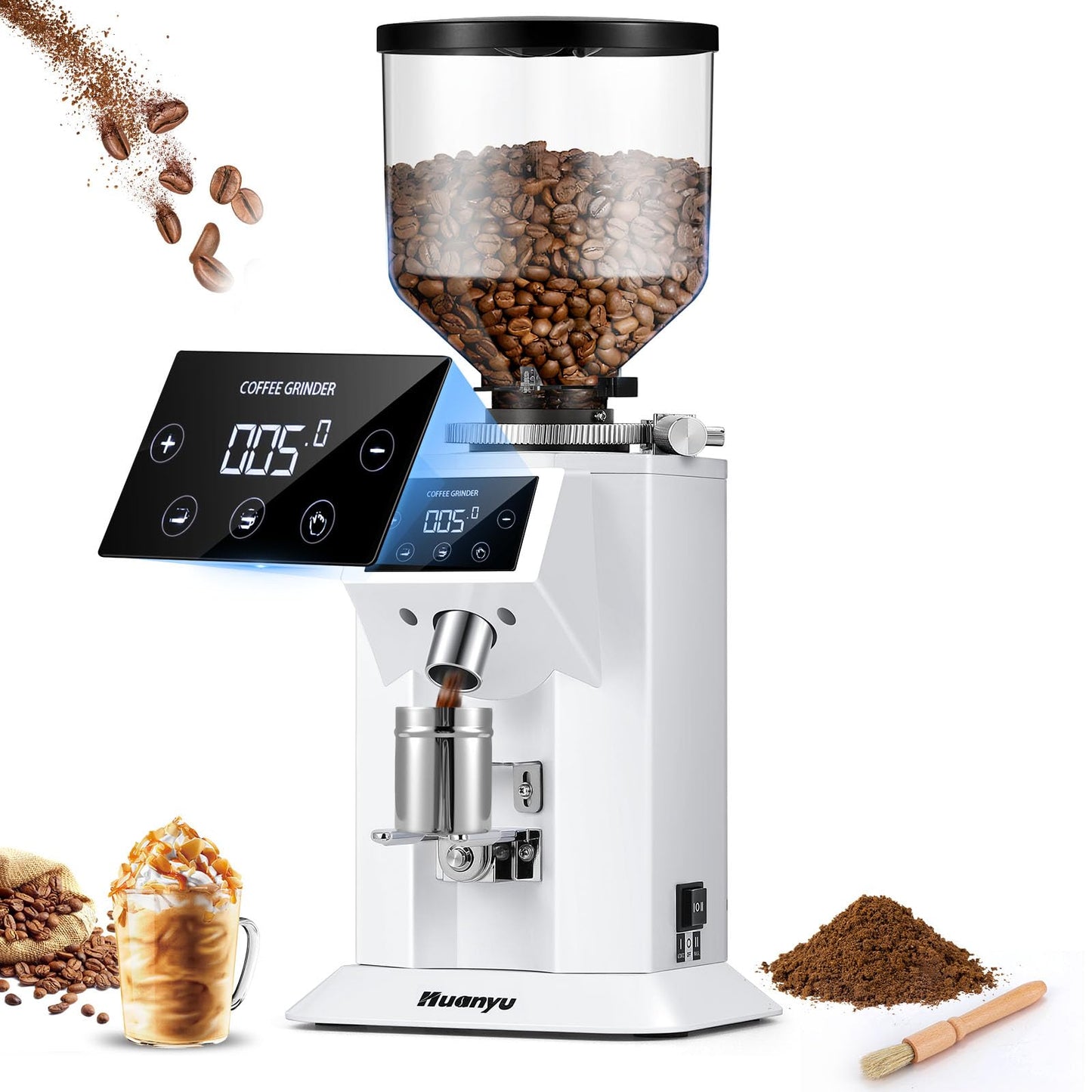 Huanyu Commercial Coffee Grinder with 74mm Flat Burr Reinforced 53oz Bean Hopper (40% Thicker), 15 Stepless Grinds, Touch Screen White