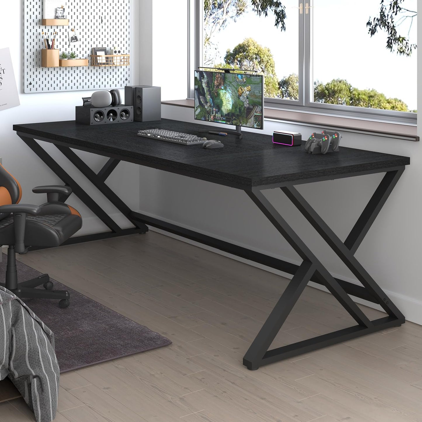 LVB 78.7" Black Computer Desk, Large Industrial Pc Study Home Office Desk, Long Modern Wood Gaming Work Writing Desk for 2 Person, Farmhouse Double Workstation Executive Desk with Storage in Bedroom