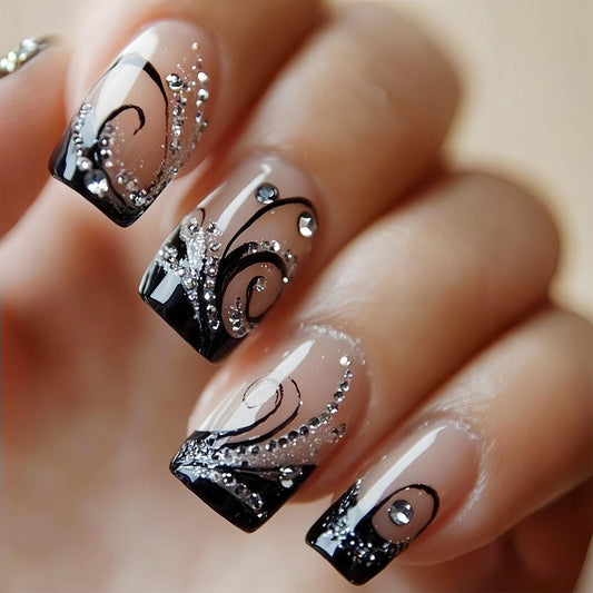 Square Press on Nails Medium Fake Nails with Black Lines Rhinestones Designs Glossy Nails Press ons Nude Glue on Nails Acrylic Nails Artificial Stick on Nails for Women 24Pcs