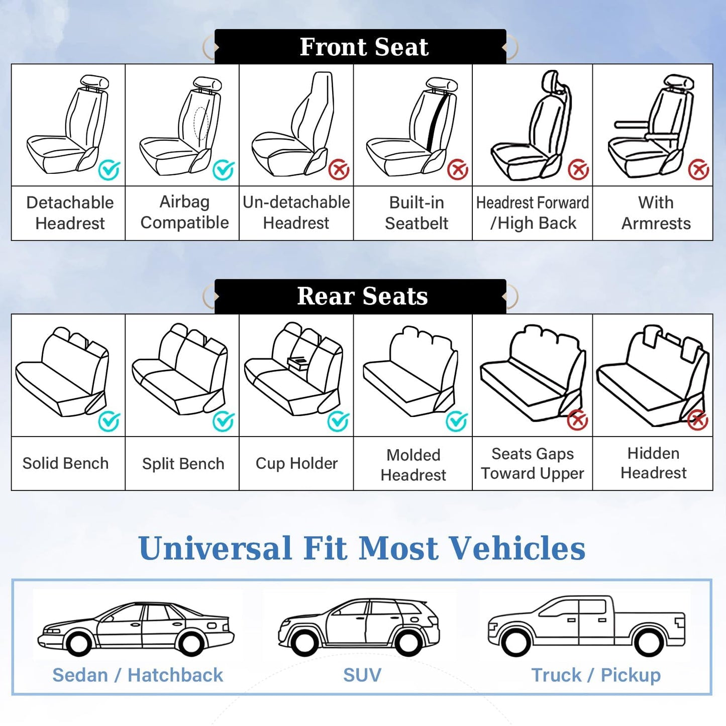 Coverado Car Seat Covers Full Set, Breathable Nappa Leather Seat Covers for Cars, Automotive Seat Covers, Waterproof Front and Back Car Seat Protector Universal Fit Most Cars(Brown&Black)
