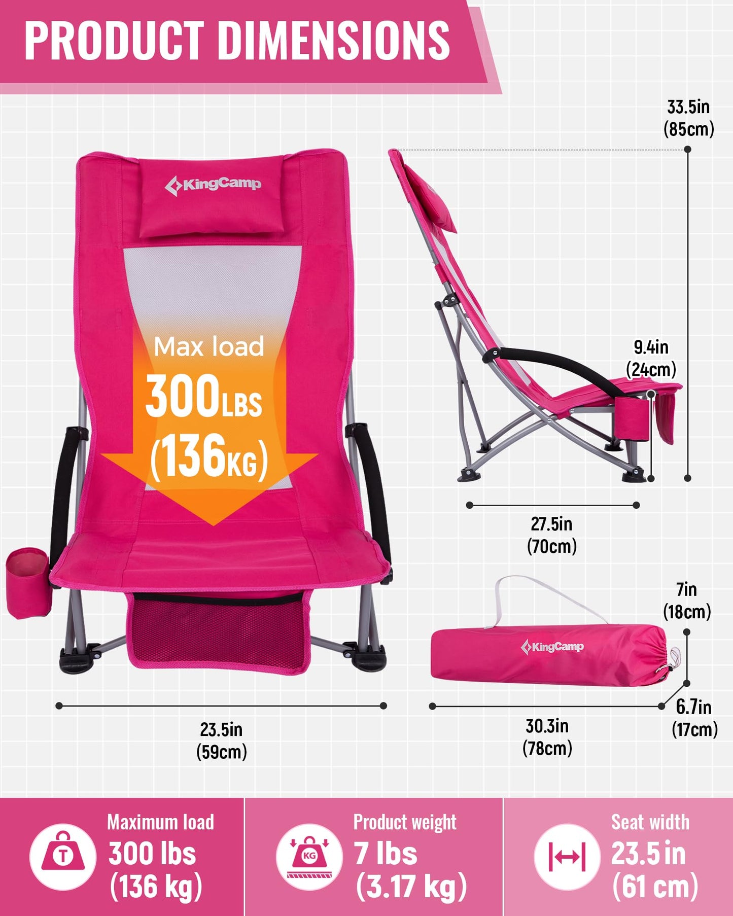 KingCamp Low Beach Chairs, Portable Folding Chair for Adults Extra Wide Ergonomic High Back Seat 300lbs Heavy Duty Lightweight Oversized Gear with Carry Bag for Outdoor Lawn Camping Picnic