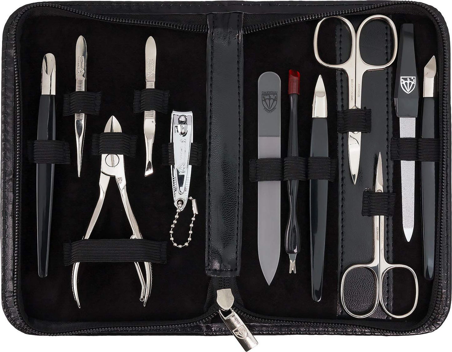 3 Swords Germany – Brand Quality 12 piece Manicure Pedicure Grooming kit Set for Professional Finger & Toe Nail Care with Black Synthetic Leather case - Made in Germany