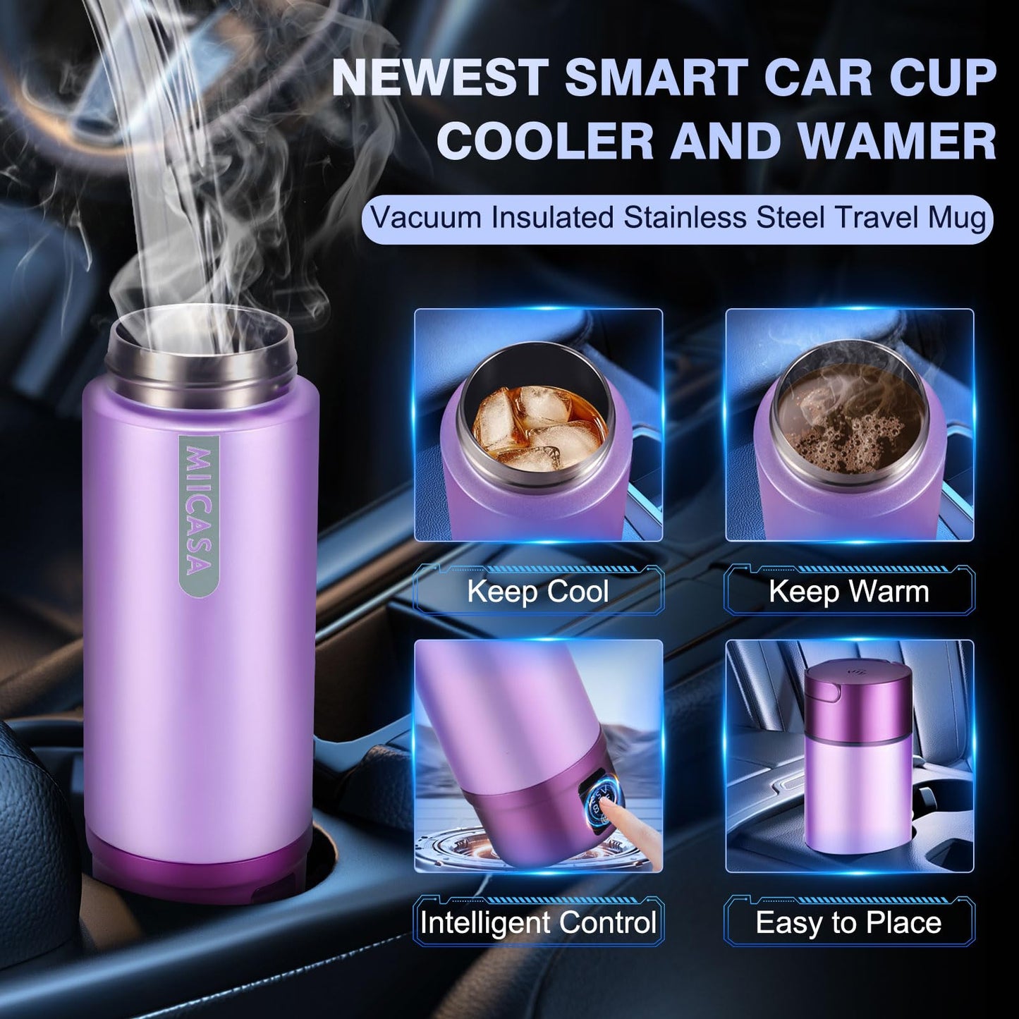 MIICASA Car Electric Kettle, 12V/24V Car Water Boiler, Vehical Water Heater with Stainless Steel Double Wall Vacuum Insulated, 6 Temperature and Auto Shut-Off Boil Dry,16oz