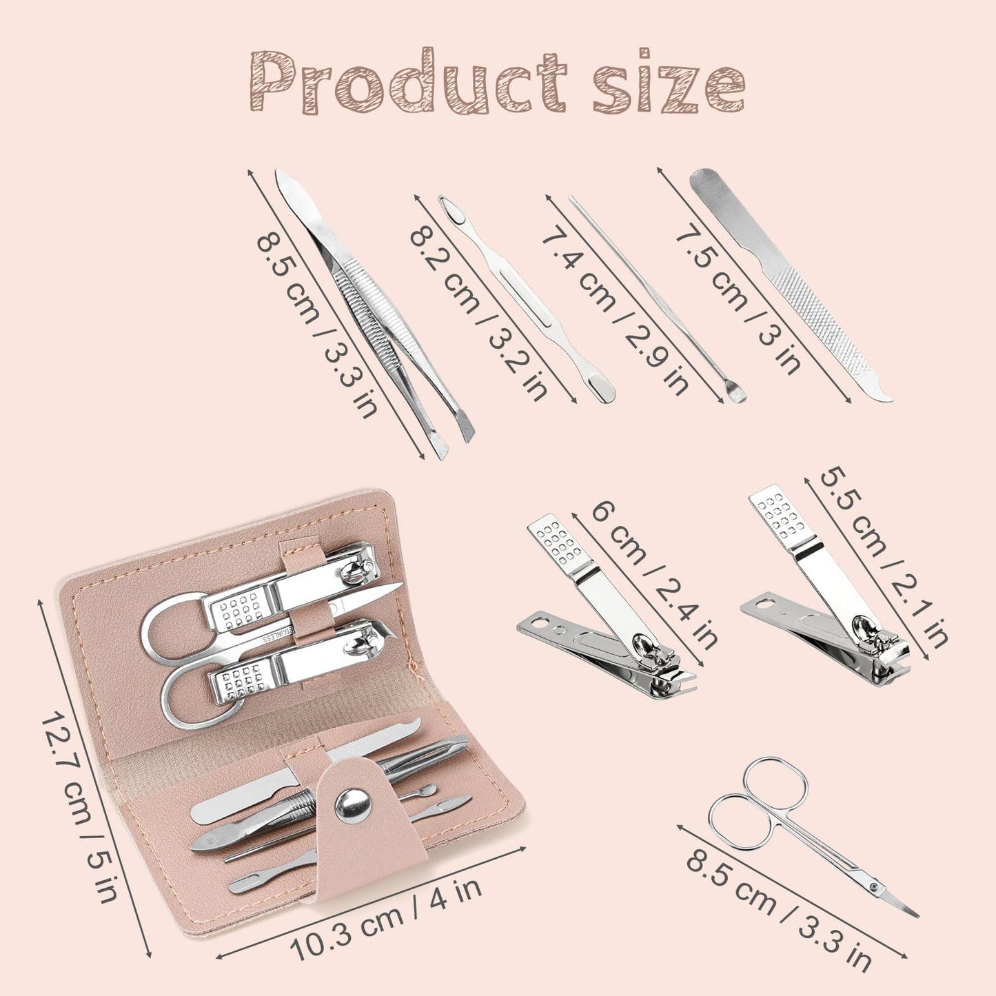 HDFCLUP 7-in-1 Manicure Kit – 10Piece Travel Nail Kit with Stainless Steel Tools, Ultra-Compact 5x6 cm Pouch for Perfect Nails Anywhere, Ideal Gift for Women, Men, and Travelers (Pink)