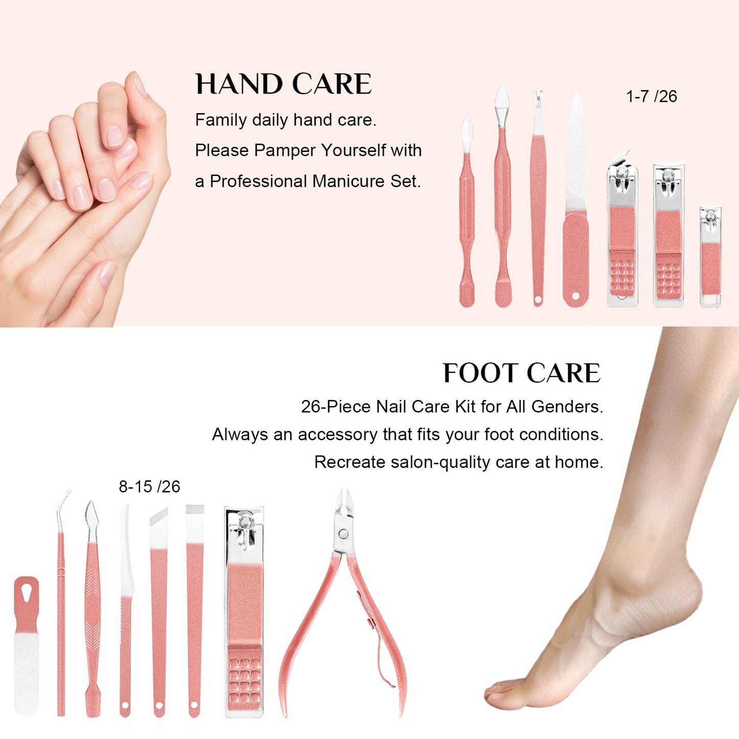 Nail Clippers Set, 26 Piece Manicure Set & Pedicure Kit, Stainless Steel Fingernail & Toenail Clipper Cutters, Professional Nail Care Tools with Luxurious Travel Case for Men and Women, Metallic Pink