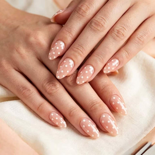 CLYHLTMZ Polka Dot Press On Nails Short Almond False Nails with White Dots Design Glue On Nails Glossy Acrylic Full Cover Stick on Nail for Women 24 Pcs Manicure Reusable Nail Sticky Tab Nail Decor