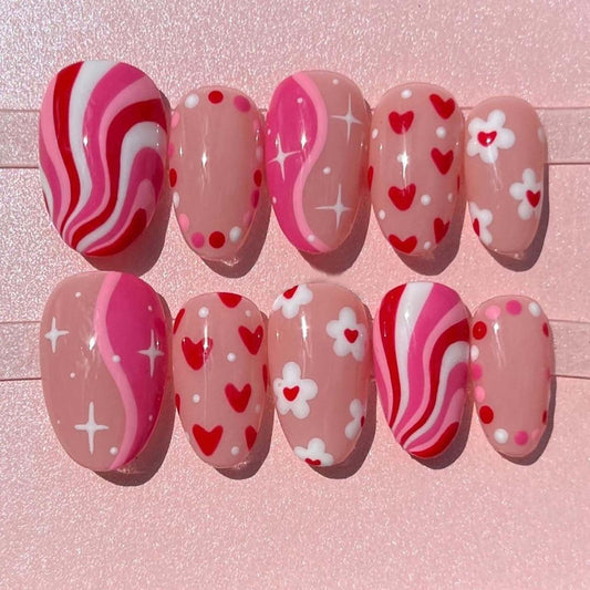 24Pcs Valentines Press on Nails Short Almond Red Heart Fake Nails with Flower Stripe Star Design Glue on Nails Pink Glossy Holiday False Nails for Women DIY Valentine Nail Decoration Supplies