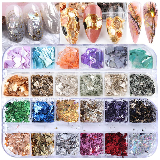 UARUOGP 3 Boxes 36 Grids Nail Art Foil Flakes Glitter Irregular Mica Seashell Flakes,Nail Supplies Glitter Slice Colorful Marble Seashell DIY Acrylic Decorations Charms