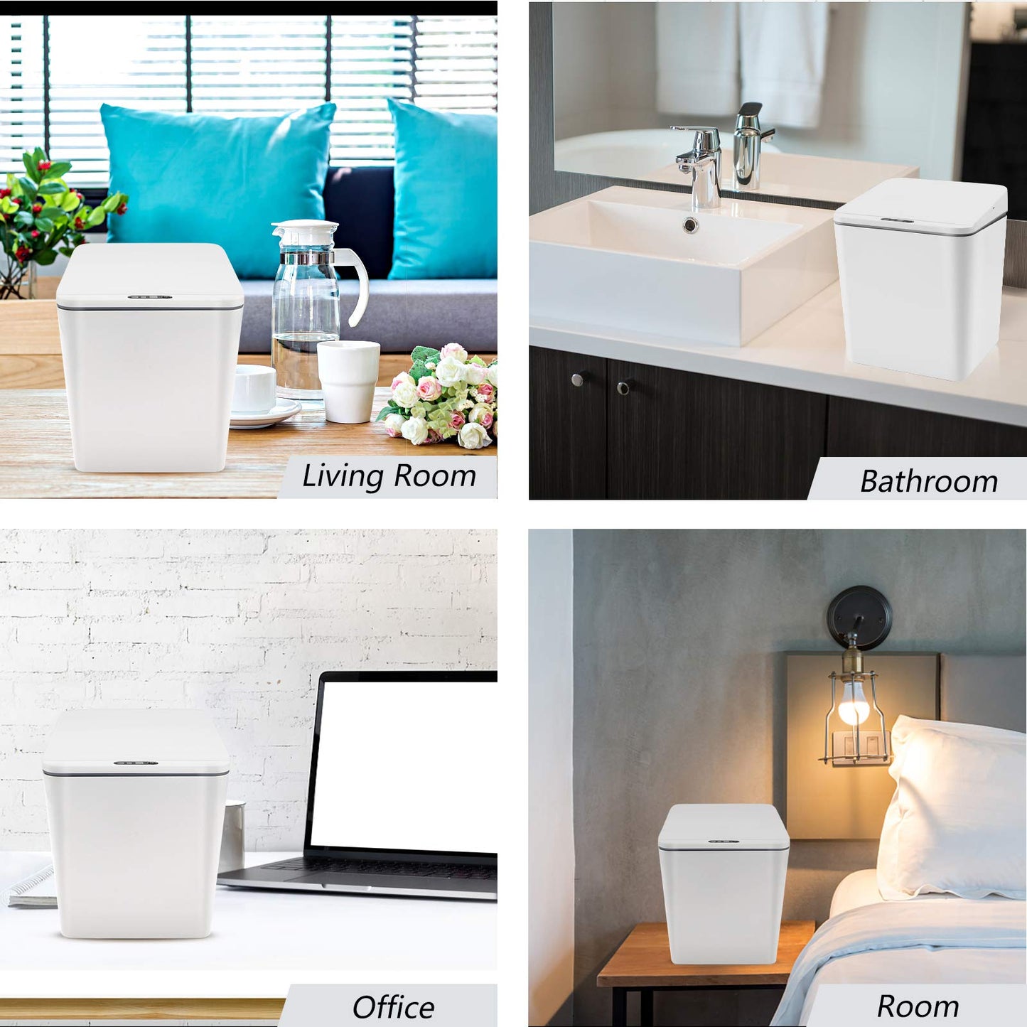 FEBHBRQ Automatic Small Countertop Trash Can, Rechargeable Mini Desktop Waste Bin with Lid for Office Desk/Bedside Table/Coffee Bar, White-1.5 Gal