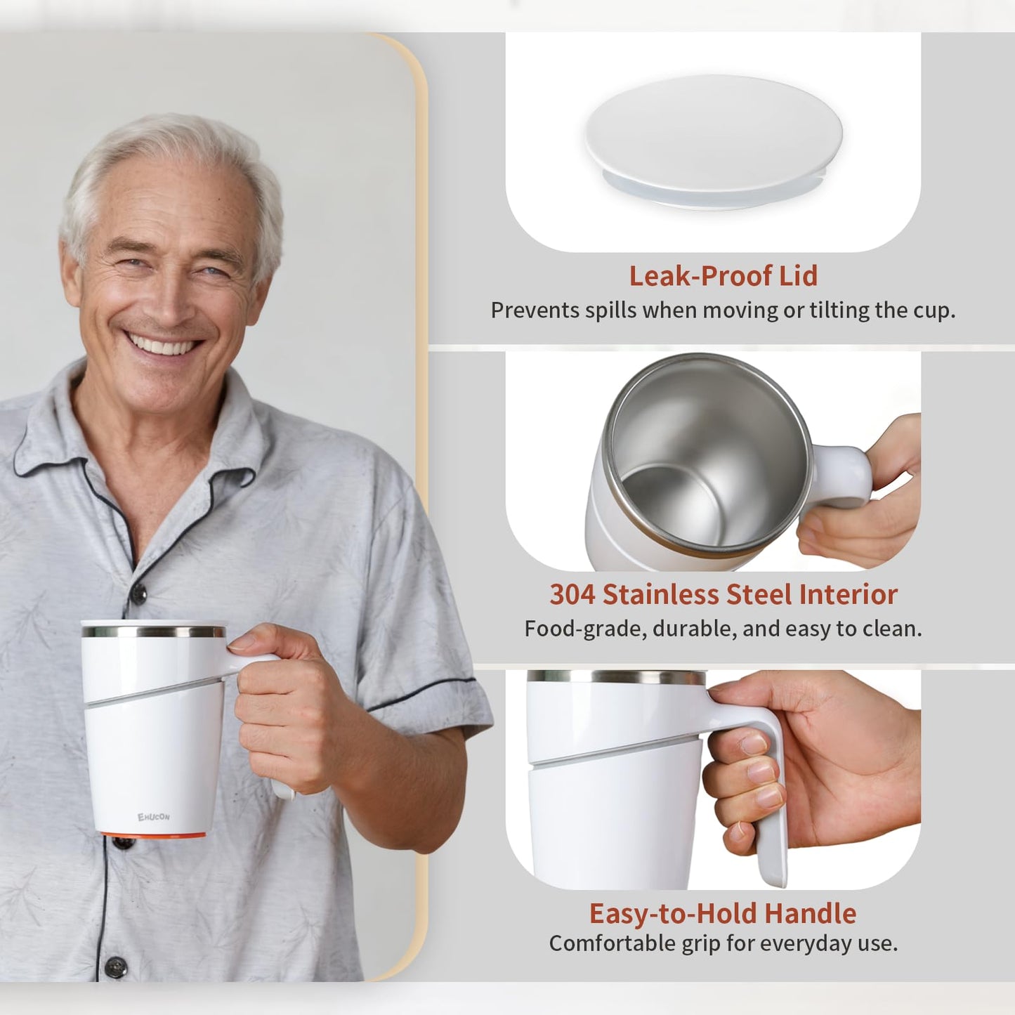 Anti-Impact No-Tip Desk Mug, 470ml / 15.9oz Stainless Steel Insulated Mug with Handle, Smart Suction Base, Non-Slip & Knock Proof, Helps Prevent Desk Spills for Coffee, Tea, Kids & Pets (White)