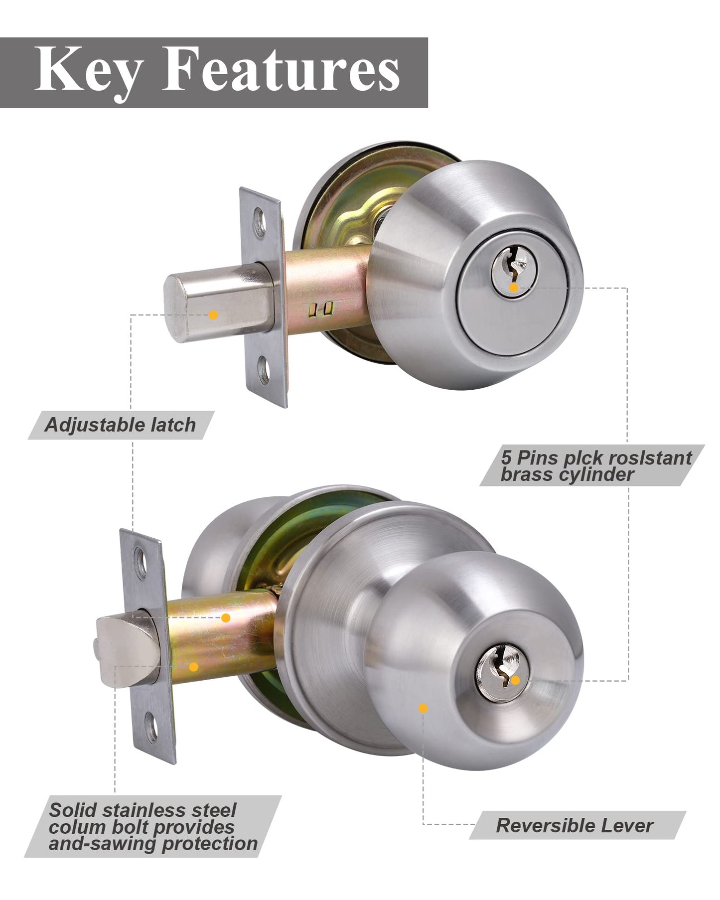 Lanwandeng (4 Sets) All Keyed Same Entry Door Knob and Single Cylinder Deadbolt Combo Set, Satin Nickel Exterior Door Knobs with Lock and Keys for Entrance and Front Door