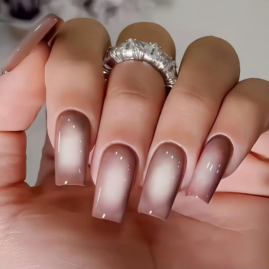 KQueenest Ombre Brown Press on Nails Long Square Shaped Gradient White French Fake Nails Press Ons, Natural Gel Square Tips - 24 Pcs Medium Coffin Acrylic False Nails Set for Women Fall Winter Wear
