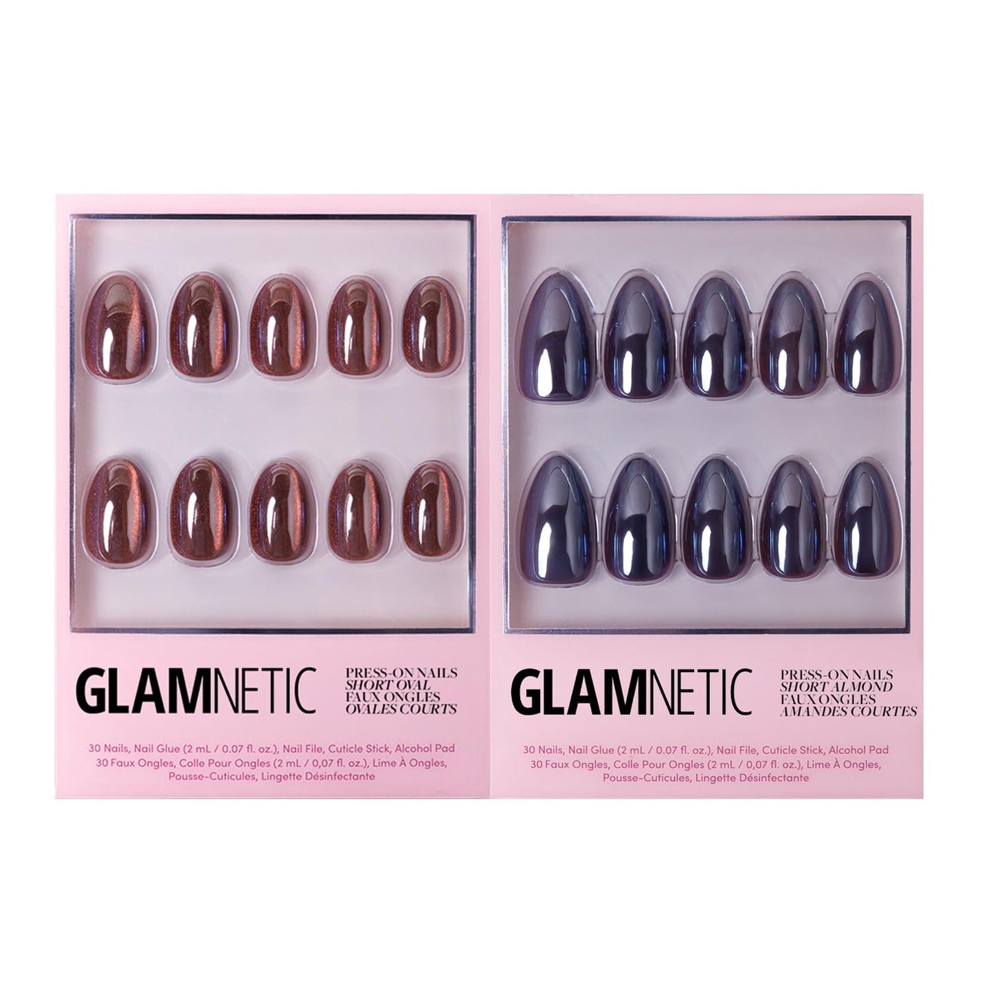 Glamnetic Press-On Nails Bundle - Magnetic Moscow & Burgundy Chrome | Short Oval Fake Nails with a Cat-Eye Finish | Short Almond Fake Nails with a Metallic Chrome Finish | Durable, Salon-Quality Nail