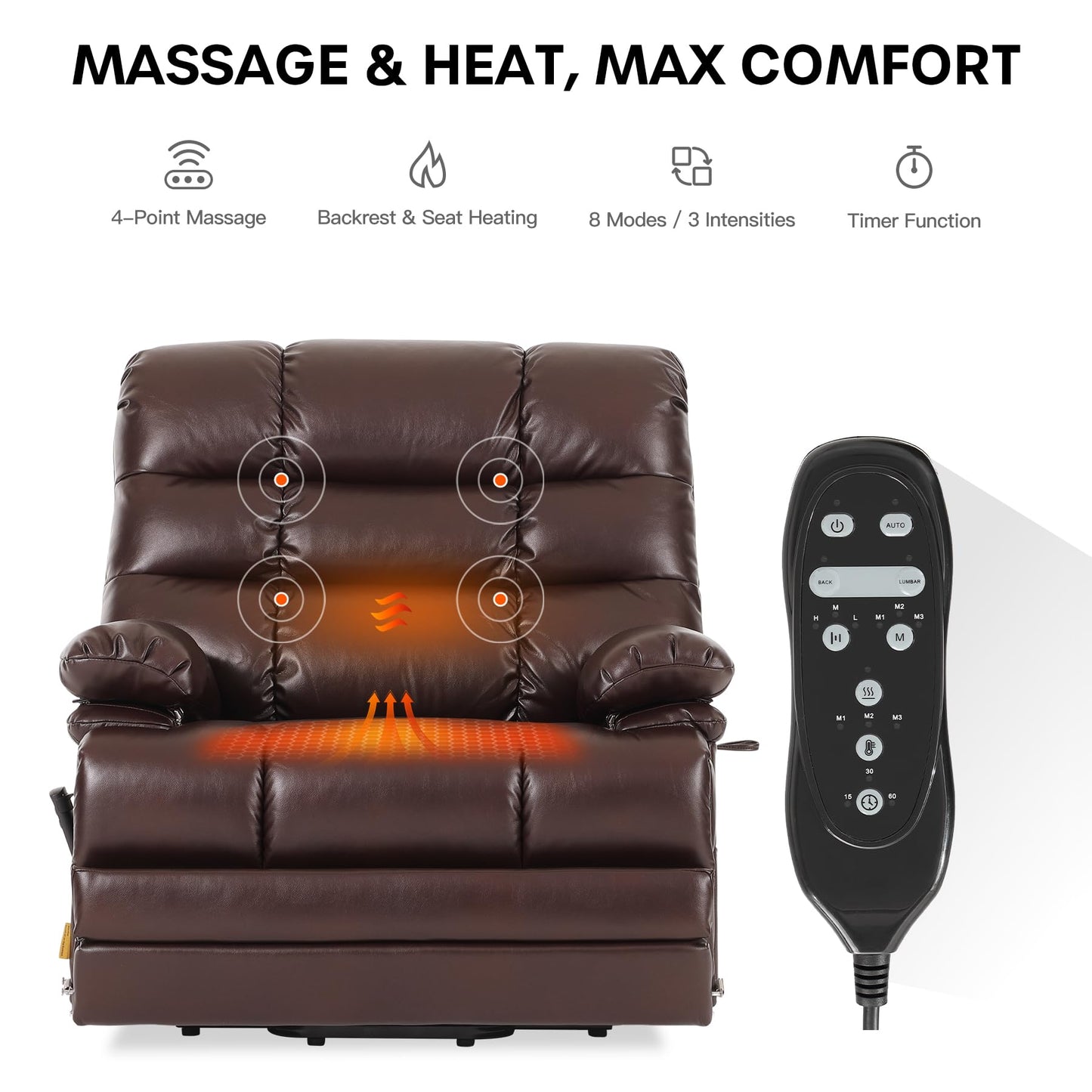 DYNOX 500 LBS Power Lift Recliner Chair for Big & Tall Seniors, Extra Large 3-Motor Lay Flat Chair with Heat, Massage & Extended Footrest(9505L,Faux Leather,Brown)