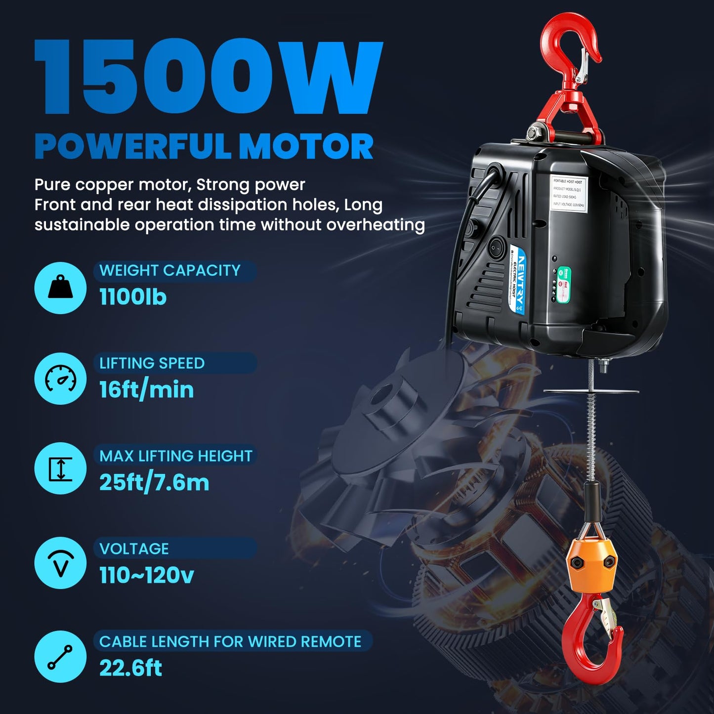 NEWTRY 3 in 1 Electric Hoist Winch 1,100lb Wireless Remote Control, Cable Remote Control, 110/120 Volt Portable Power Electric Hoist, Vertically & Horizontally, Lift 16ft/min