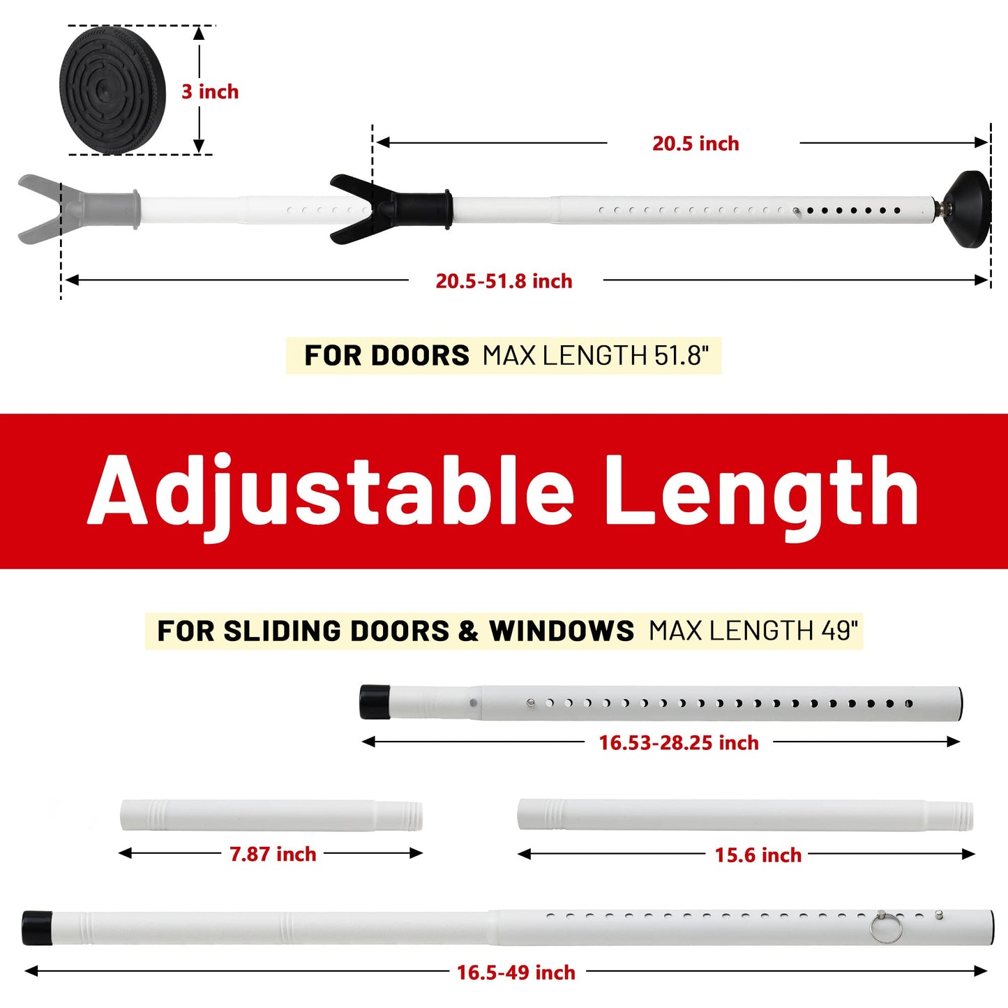 Door Stoppers Security Bar 2 Pack - Heavy Duty Door Jammer - Adjustable Sliding Door Lock Bar - Door Barricade Security Bars for Window, Front Door, Patio Door, Apartment, Home, Hotel Room