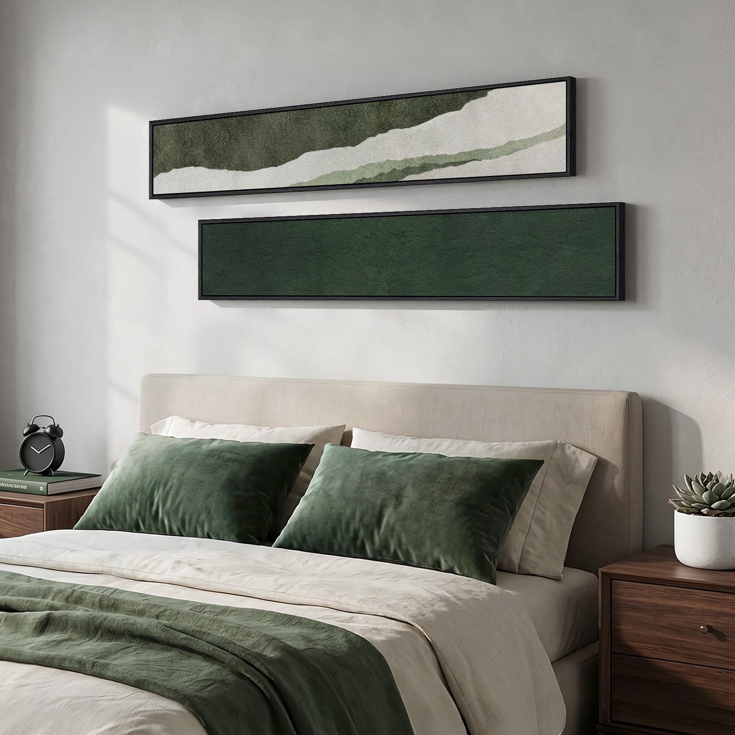 Long Narrow Framed Green Vertical Abstract Wall Art Set, 2 Piece Modern Canvas Prints Paintings Artwork for Walls, Green White Minimalist Pictures for Living Room Bedroom Entryway Hallway Wall Decor