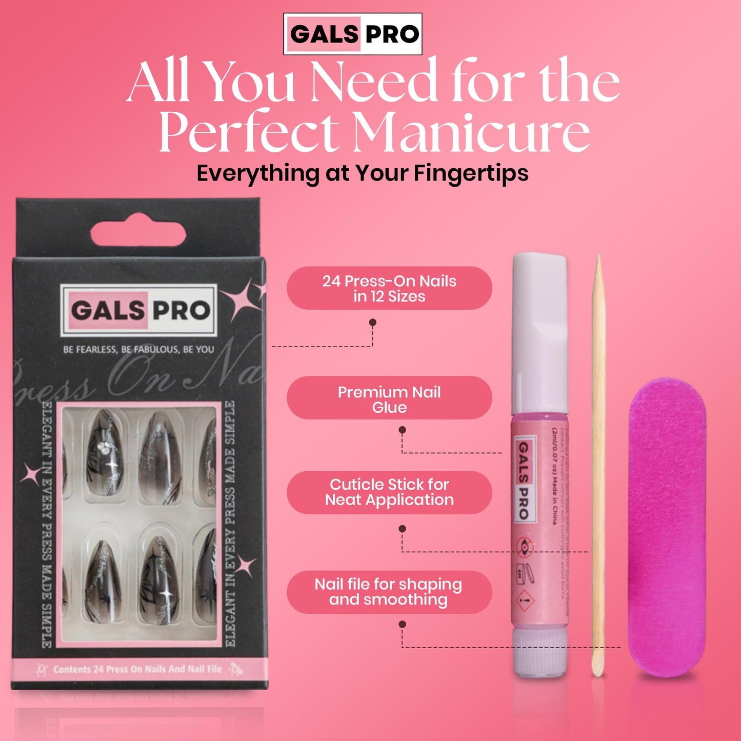 GALSPRO Medium Press on Nails - Set of 24 Fake Nails with Designs in 12 Different Sizes for Perfect Fit, Cute False Nails Kit for Women with 0.07oz Nail Glue, A Double Sided Nail File & Cuticle Stick