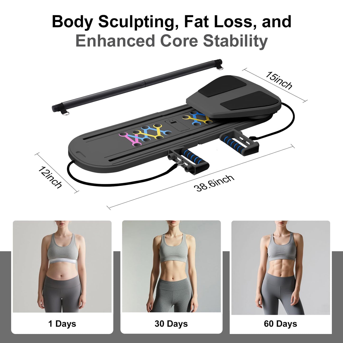 Pilates Board, Pilates Reformer Set, 6-in-1 Portable Foldable Ab Board Trainer Exercise Machine for Home with Digital Display, Pilates Reformer Board for Women
