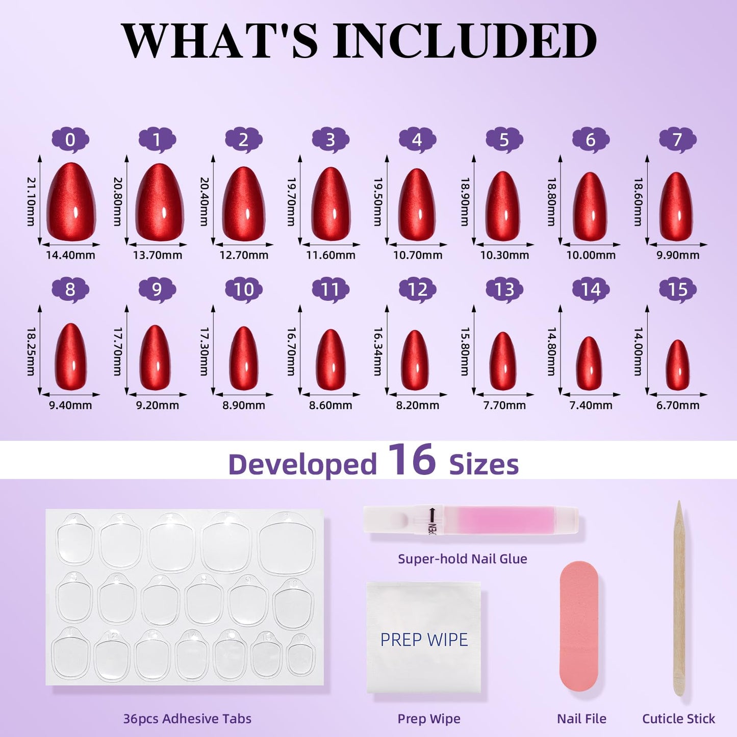 Cherry Red Cat Eye Press on Nails - Short Almond Press On Nails Press Ons for Women Red Fake Nails with Glue, Glossy Reusable Glue on Nail in 16 Sizes - 32pcs