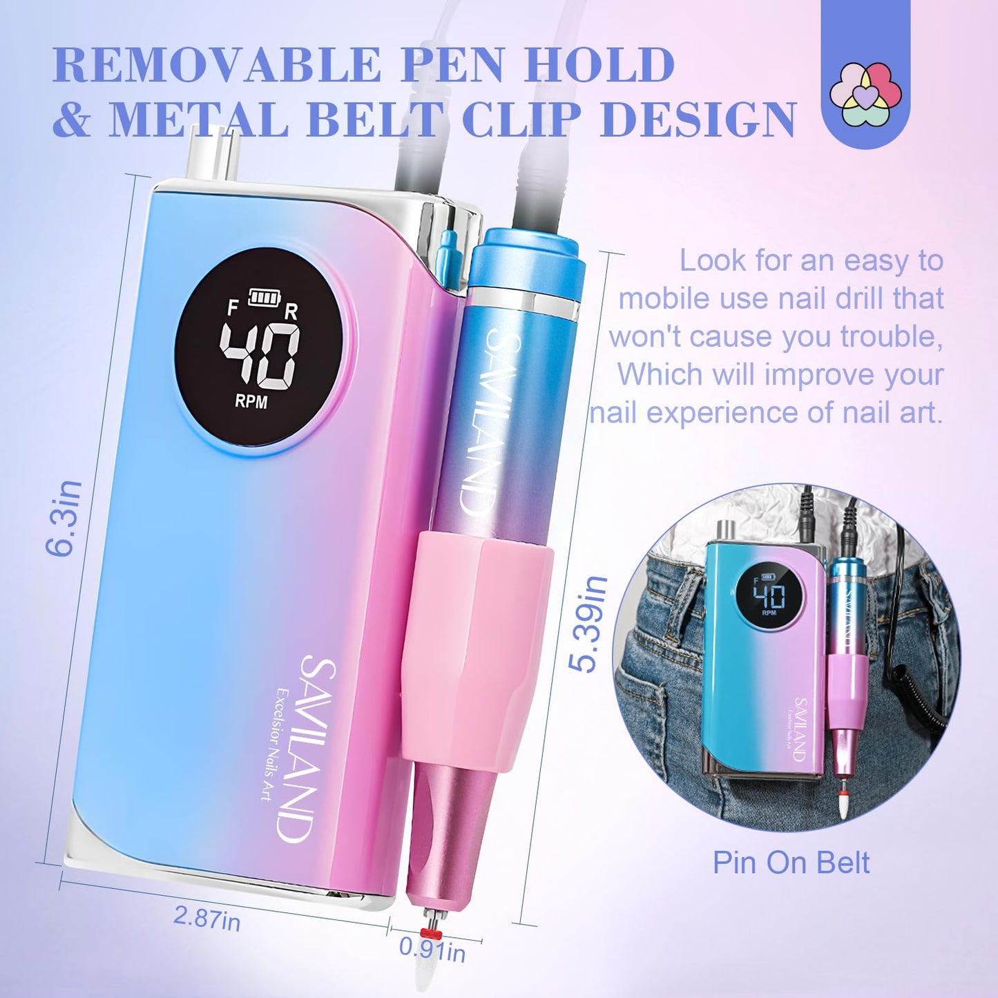 SAVILAND Professional Nail Drill 40000RPM Electric Nail Drill Machine with LCD Display Nail Kit Portable Electric Nail File for All Manicure Shaping & Gel Removal Manicure Pedicure Salon Home