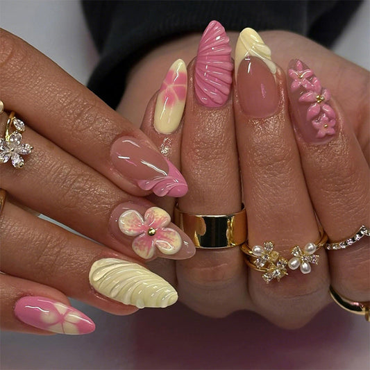 24Pcs Pink Yellow Almond Press on Nails Medium Fake Nails French Tip False Nails with Flower & Rhinestone Design Acrylic Nails Press ons Spring Summer Flower Nail Art Cute Stick on Nails for Women