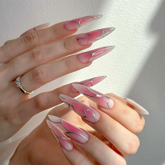 SINHOT Stiletto Press on Nails - Long Fake Nails, Glossy Finish, Pink Ombre & Silver Mesh Line, DIY Artificial False Nail Art - 24 Pcs Nail Kit with Glue