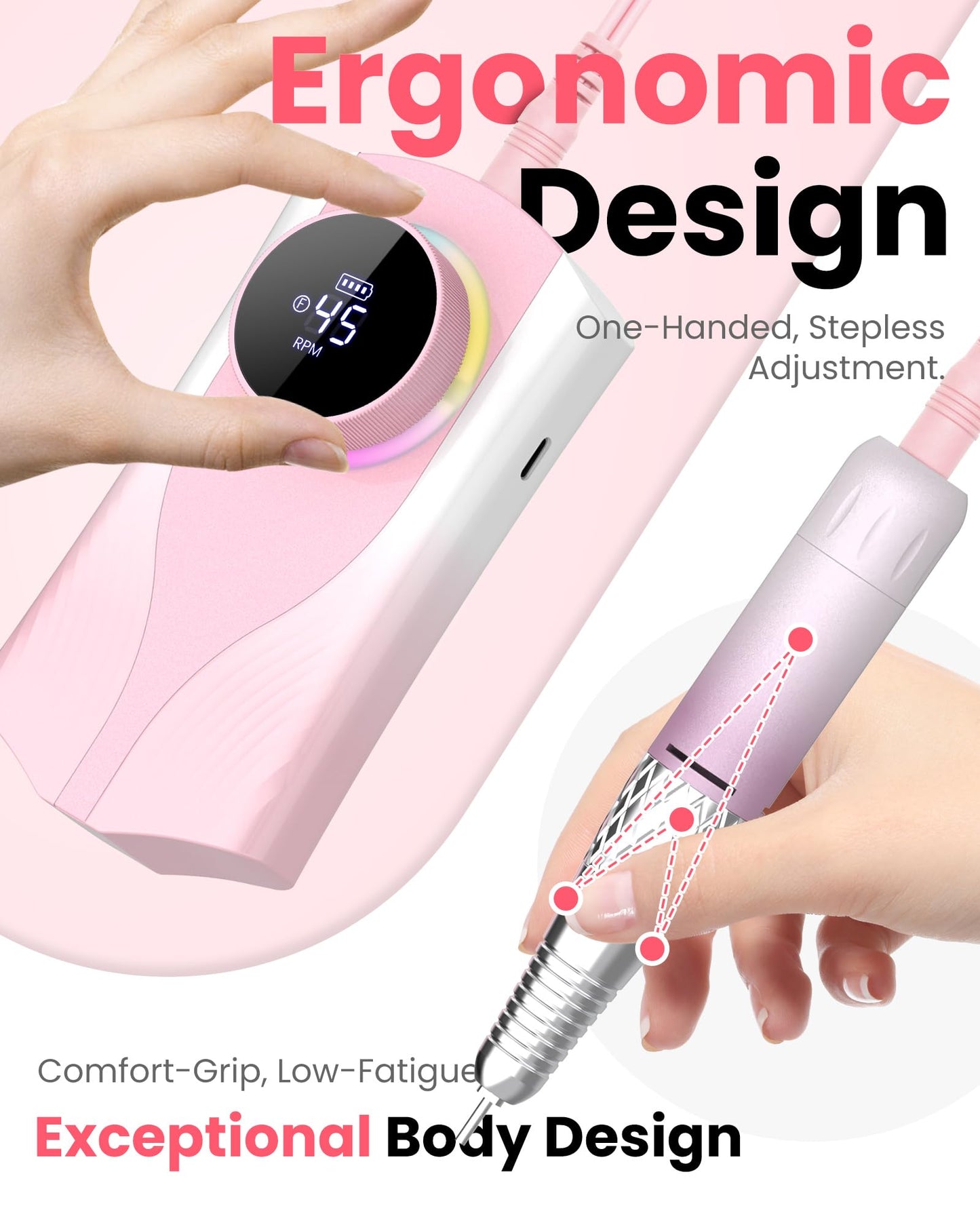 Nail Drill Professional 45000 RPM, Electric Nail File with LED Display & 45 Speeds, Rechargeable Nail Drill Kit for Acrylic Gel Nails, Manicure Pedicure at Home Salon (1800mAh-Pink)