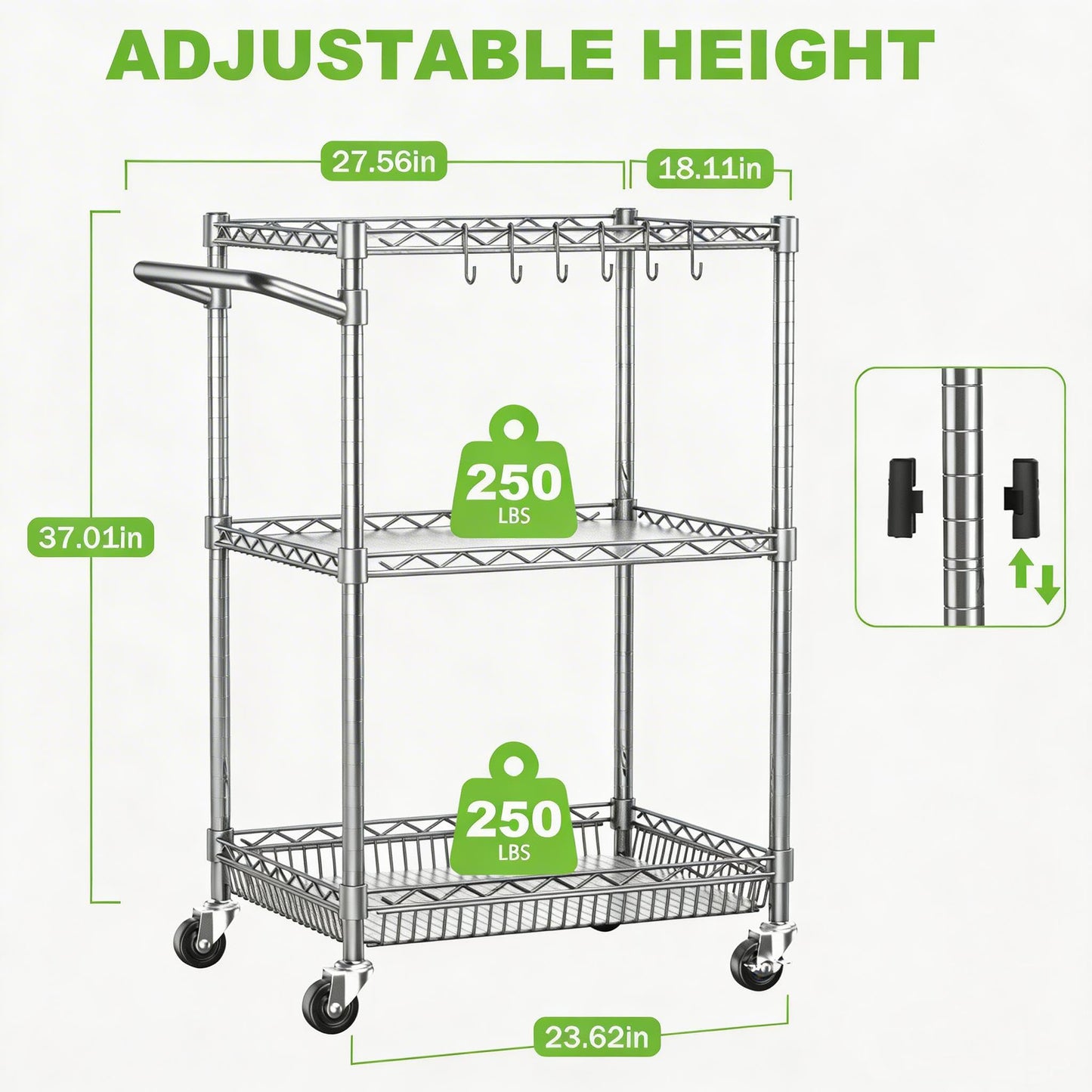 3 Tier Rolling Utility Metal Carts with Wheels NSF Heavy Duty Storage Cart 750Lbs Capacity Adjustable Kitchen Cart with Handle & Shelf Liner Commercial Service Trolley for Indoor & Outdoor Use