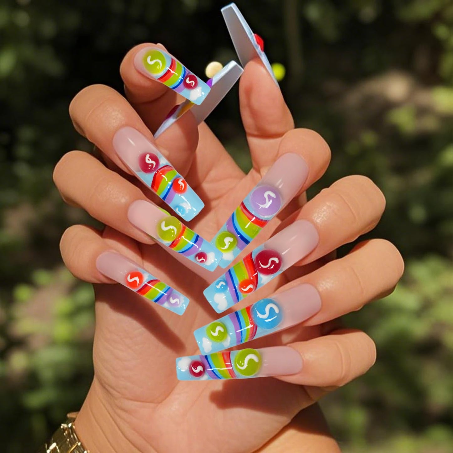 GREENTEA Handmade Nail Summer Rainbow Skittles Design Press-On Nails, Long Coffin Style with Clou d, Custom Nail Art Set,10 Pieces,Size-M