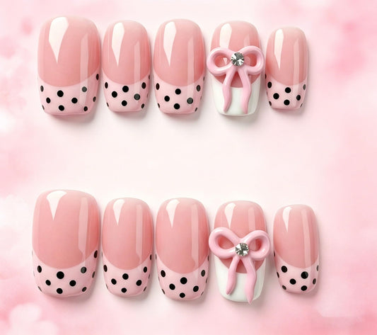 Short Square Press on Nails Polka Dot Handmade 3D Cute Glue on Nails for Women, Luxury Homemade Press on Nail Art Design, Fake Nails with 3D Nail Charms Size M 4