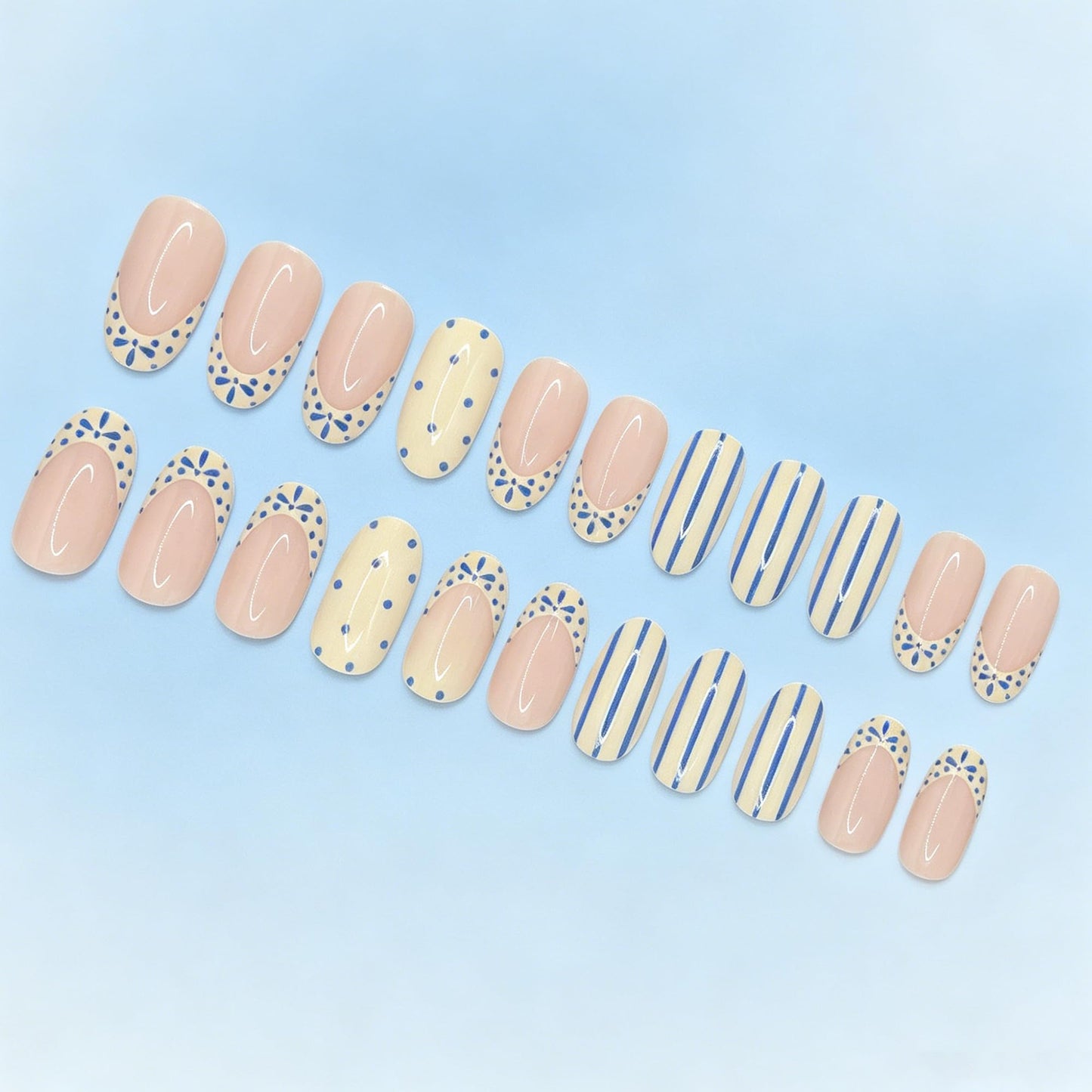 Blue white Press on Nails Short Almond Fake Nails French Tip False Nails with Stripe & Polka Dot Design Glossy Reusable Artificial Acrylic Glue on Nails Full Press Ons for Women Manicure Decor 24Pcs