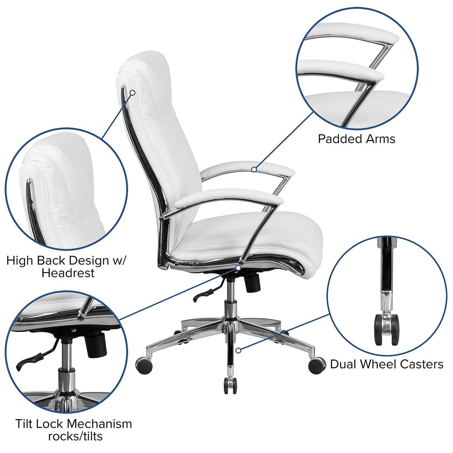 Flash Furniture Rebecca High Back Designer White LeatherSoft Smooth Upholstered Executive Swivel Office Chair with Chrome Base and Arms