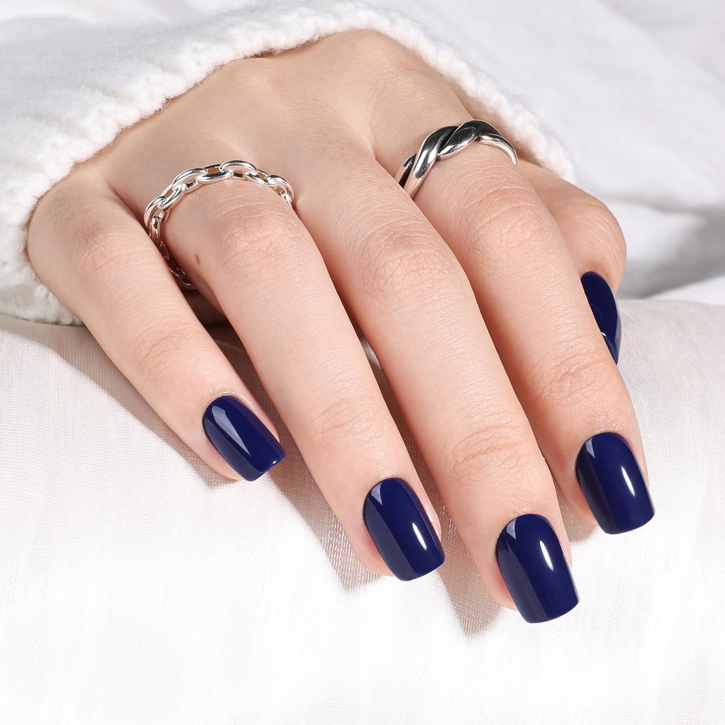 Navy Blue Press On Nails - Short Square Dark Blue Press on Nails Glossy Fake Nails Press Ons for Women DIY Fake Nails Kit with Glue, Reusable Glue on Nails Short in 15 Sizes - 30pcs, Midnight Blue