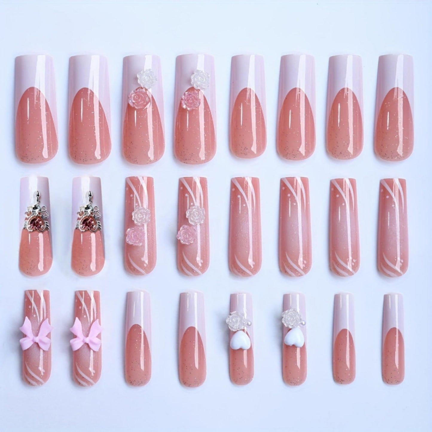 Octoswave Square Press on Nails Medium Fake Nails White 3D Artificial Nail Bow and Flowers Stick on Nail for Women 24pcs