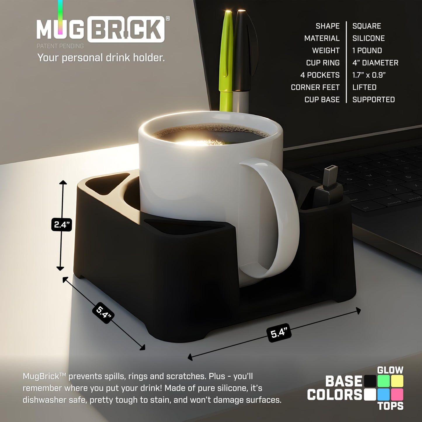 MugBrick Glowing Portable Silicone Cup Holder for Bed, Couch, Nightstand. Dishwasher Safe, Non-Spill Drink Holder for Bedside Table, Ottoman. White + Blue Glow