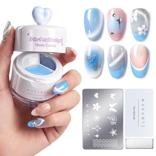 Makartt ColorPot 5-in-1 Nail Art Gel: 3 Colors Gel Polish No Wipe with Nail Stamper for Stamping, Ombre Patting, Painting, Sculpting & French Tips with Silicone Head for Diy Cute Nails at Home Salon