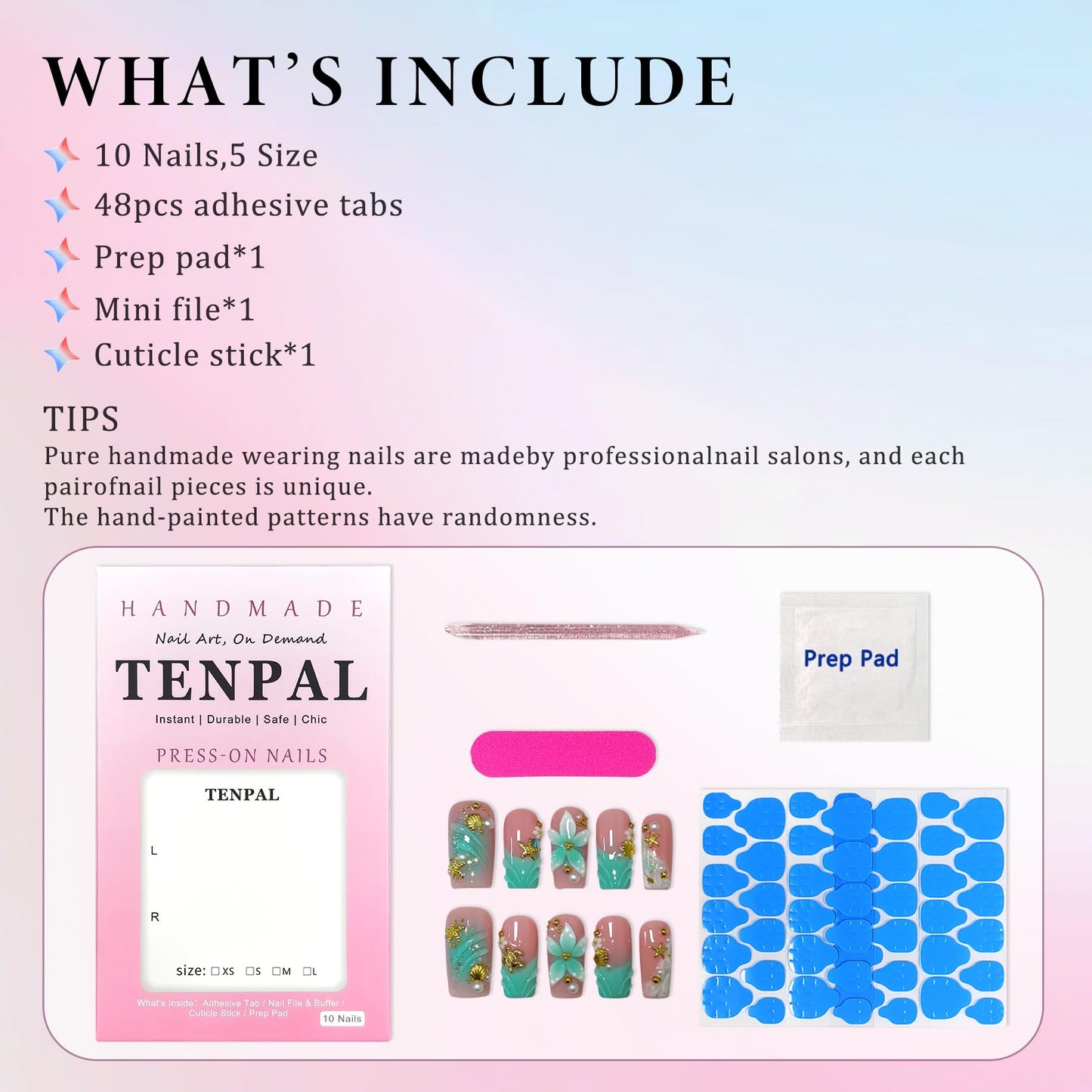 TENPAL Handmade Coffin Press on Nails Medium- Emerald Green Blushing Ombre Fake Nails with 3D Starfish & Shell Design, Coastal Elegance Style Glossy Acrylic Flowers False Nails with Tools(M)