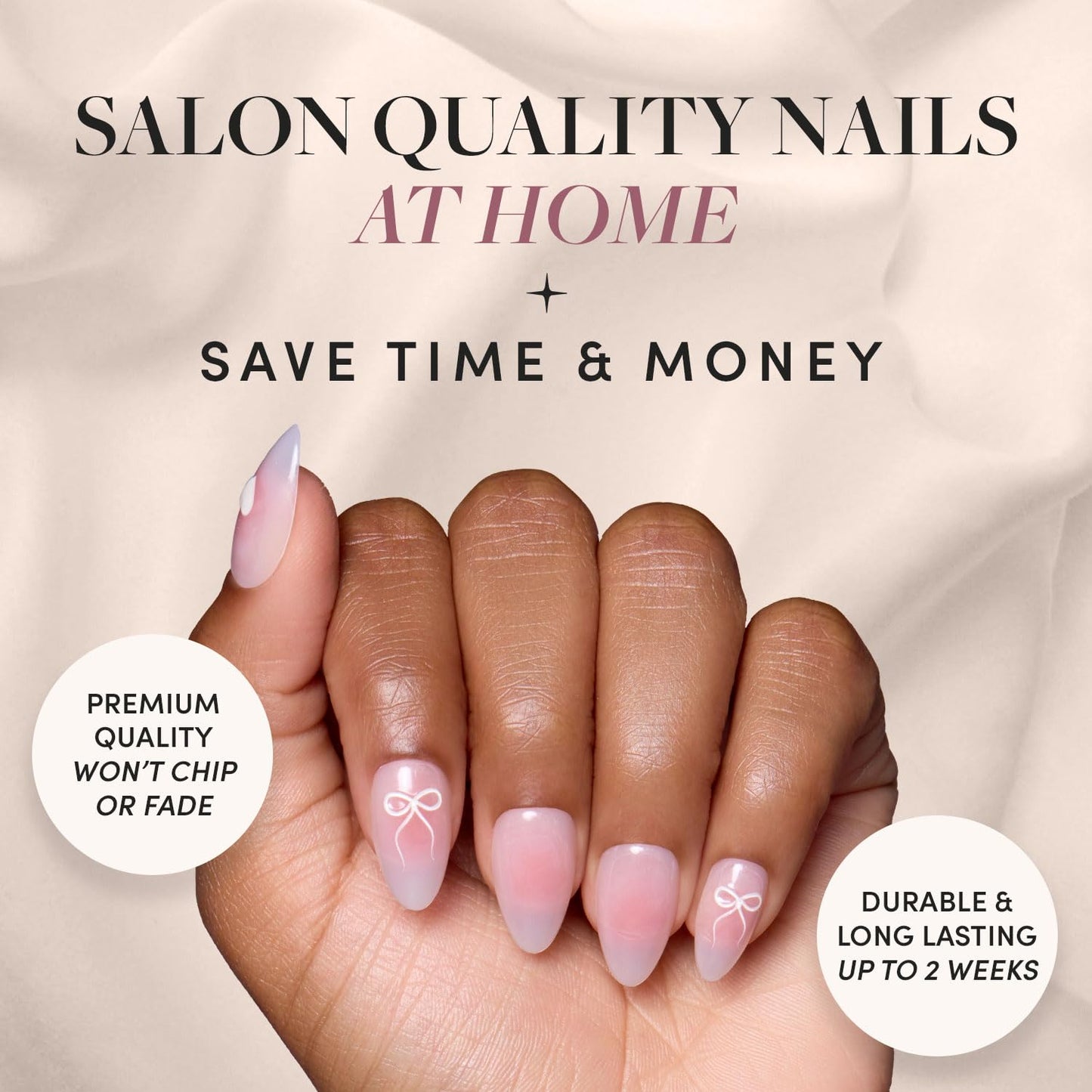 Glamnetic Press-On Nails - Lovers Knot | Super Strong Brush On Nail Glue & Press-On Nail Remover | Short Almond Nude Fake Nails with Bow Accents | 15 Sizes - 30 Nail Kit with Glue and Remover