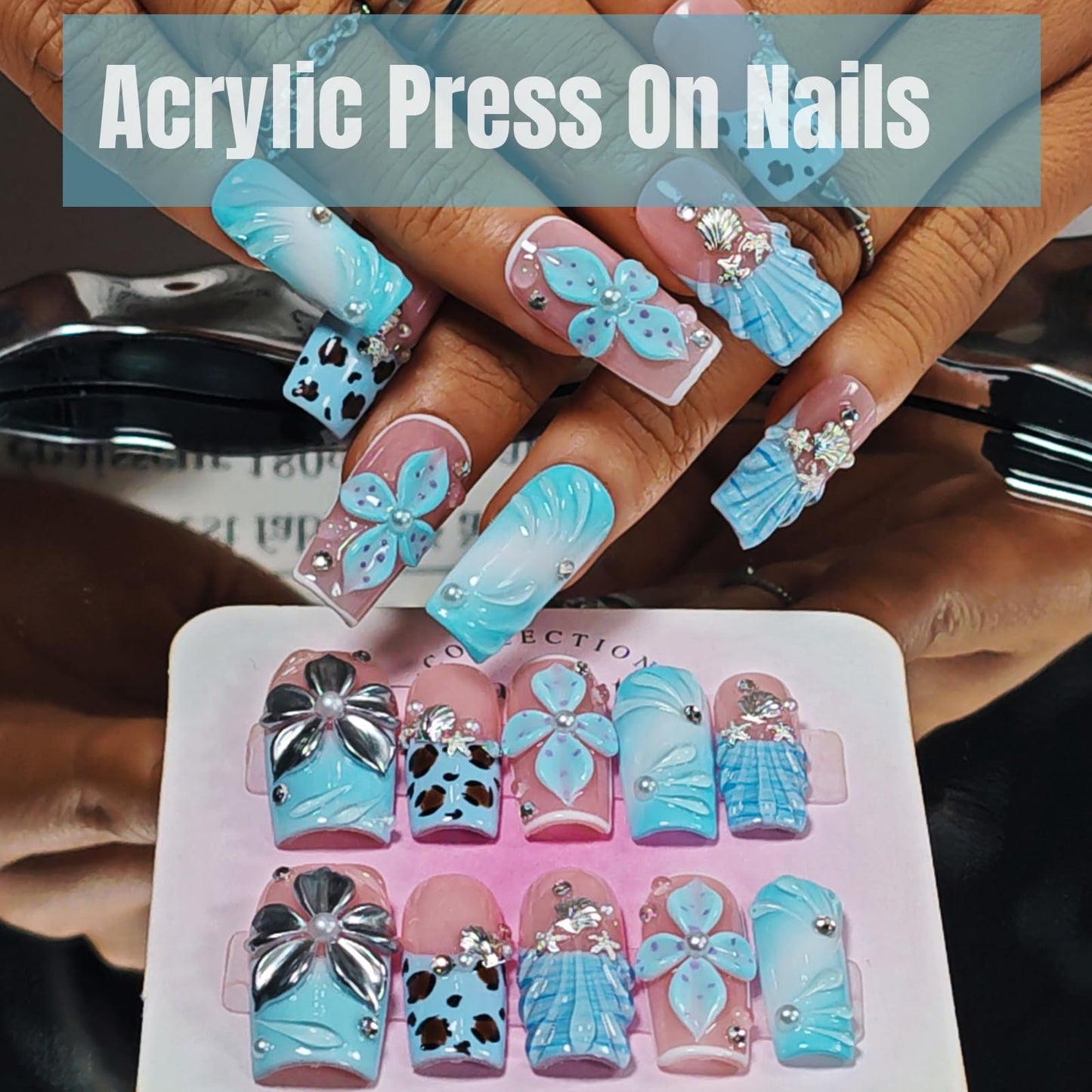 Handmade Press On Nails Square, Blue Press On Nails Medium, 3D Acrylic Nails French Tip Silver Flower Shell Leopard For Women Gift, Reusable Stick On Fake Nails Kit With Nail Glue(Tidal Blossom-S)
