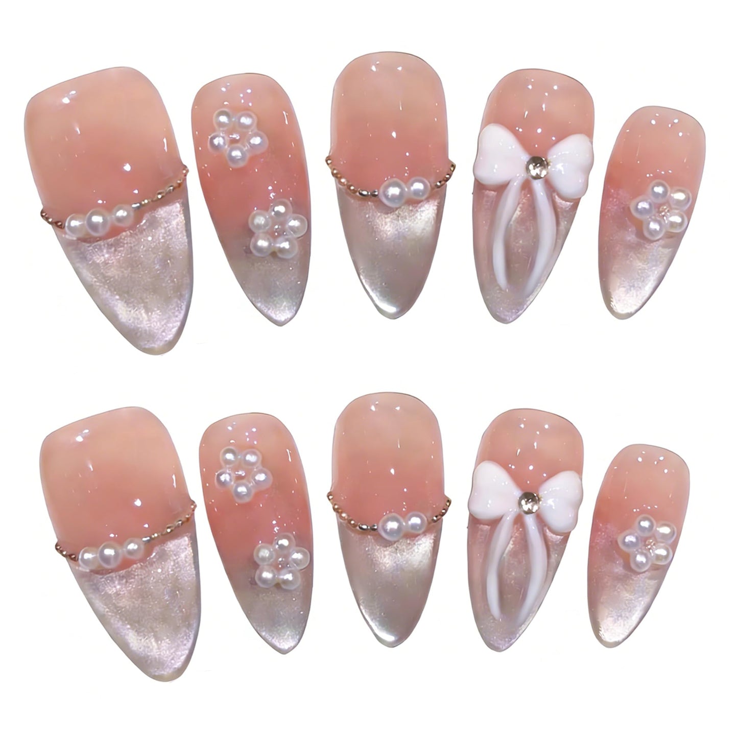 Handmade Press On Nails-3D Almond Cute Bow Cream White And Nude Colors,Wedding Prom And Festival Gift,Thick Acrylic and Muti-Layer Gel Reusable False Nails (L)