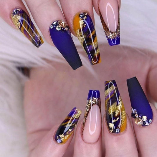 Long Coffin Press on Nails French Tip Fake Nails Dark Blue Marble with Gold Glitters Rhinestones Design Acrylic Nails Full Cover Glue on Nails Blue-black Gradient Stick on Nails for Women 24Pcs