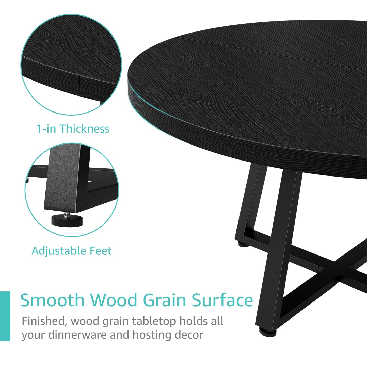 NUTIKAS 47 Inch Round Dining Table for 4, Modern Black Wood Grain Kitchen Table with Cross Metal Legs, Circular Industrial Dinner Table for Small Spaces, Breakfast Nook, Apartment, Office