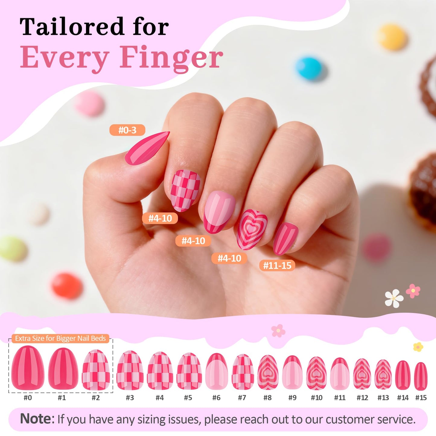 Qiek 16 Sizes Press on Nails Kit for Kids - 32 Pieces French Almond Fake Nail Tips for Girls 8-12 Years Old with Jelly Nail Adhesives & No-Lamp Nail Glue, Birthday Easter Gifts (Rose Pink Grid)