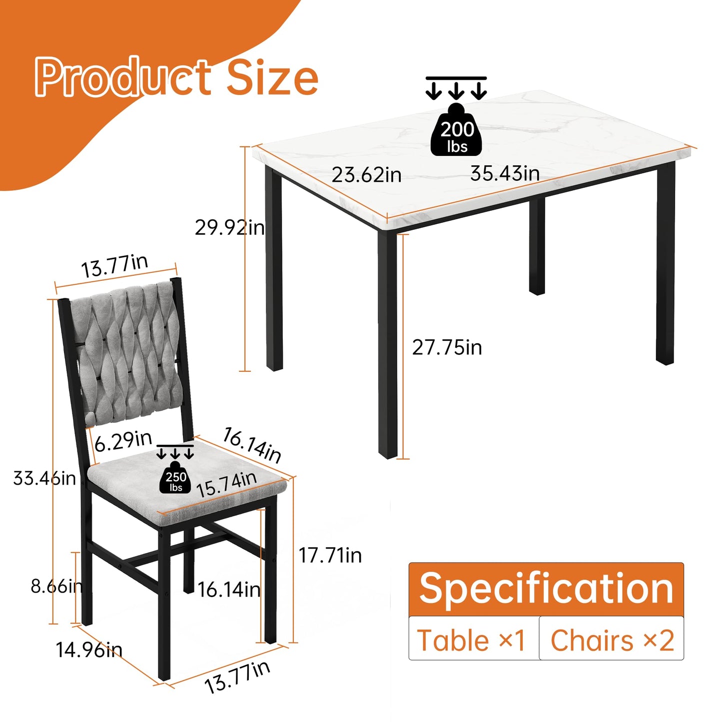 AWQM 3 Piece Dining Table Set for 2, Small Kitchen Dining Table with Upholstered Chairs, Compact Dining Table Set for Small Spaces, Space for Dining Room, Living Room, Apartment (White+Gray)