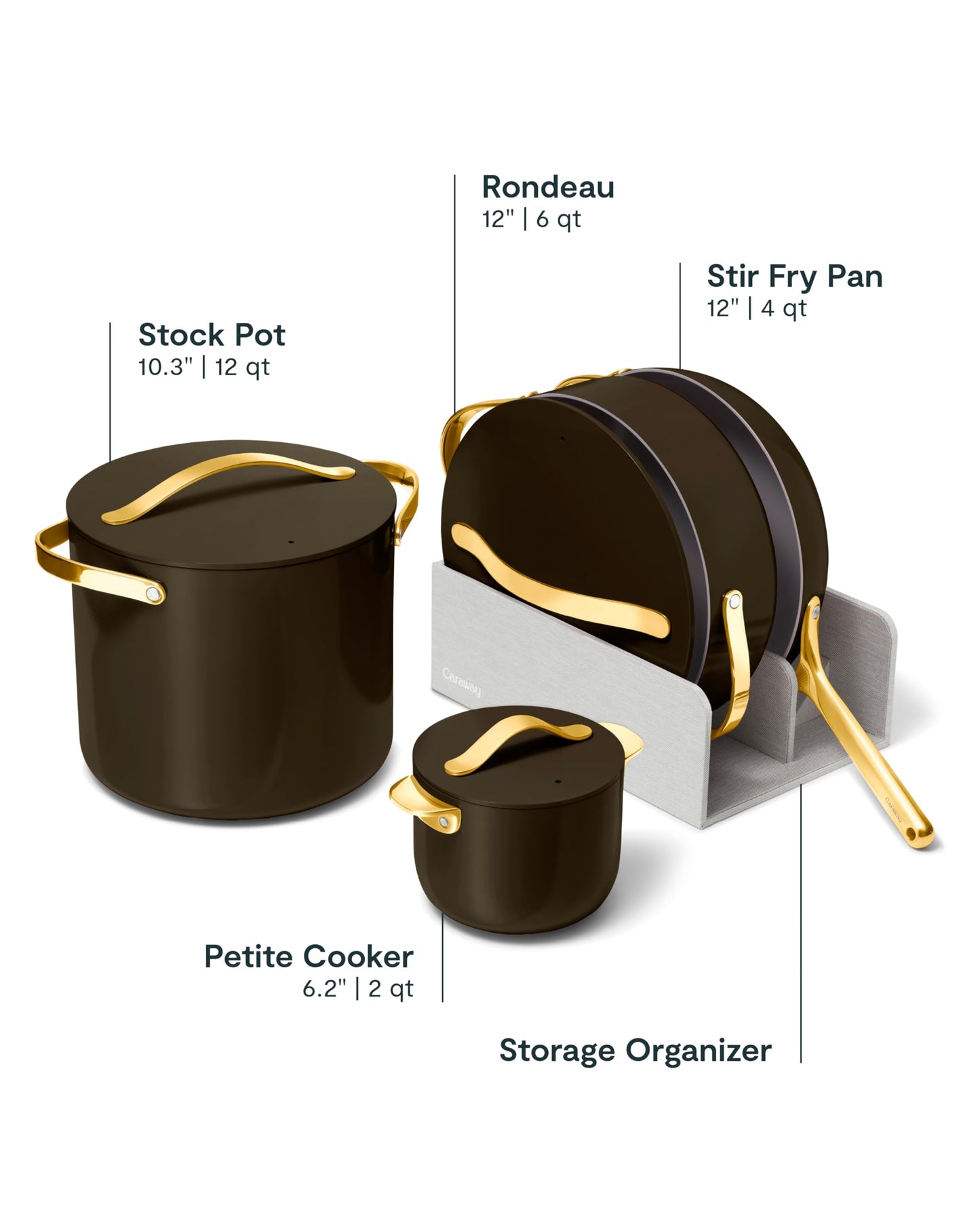 Caraway Cookware+ Collection - Specialty Cookware Set - Petite Cooker, Stir Fry Pan, Rondeau, & Stock Pot - 3 Lids & Storage Organizer Included - Black