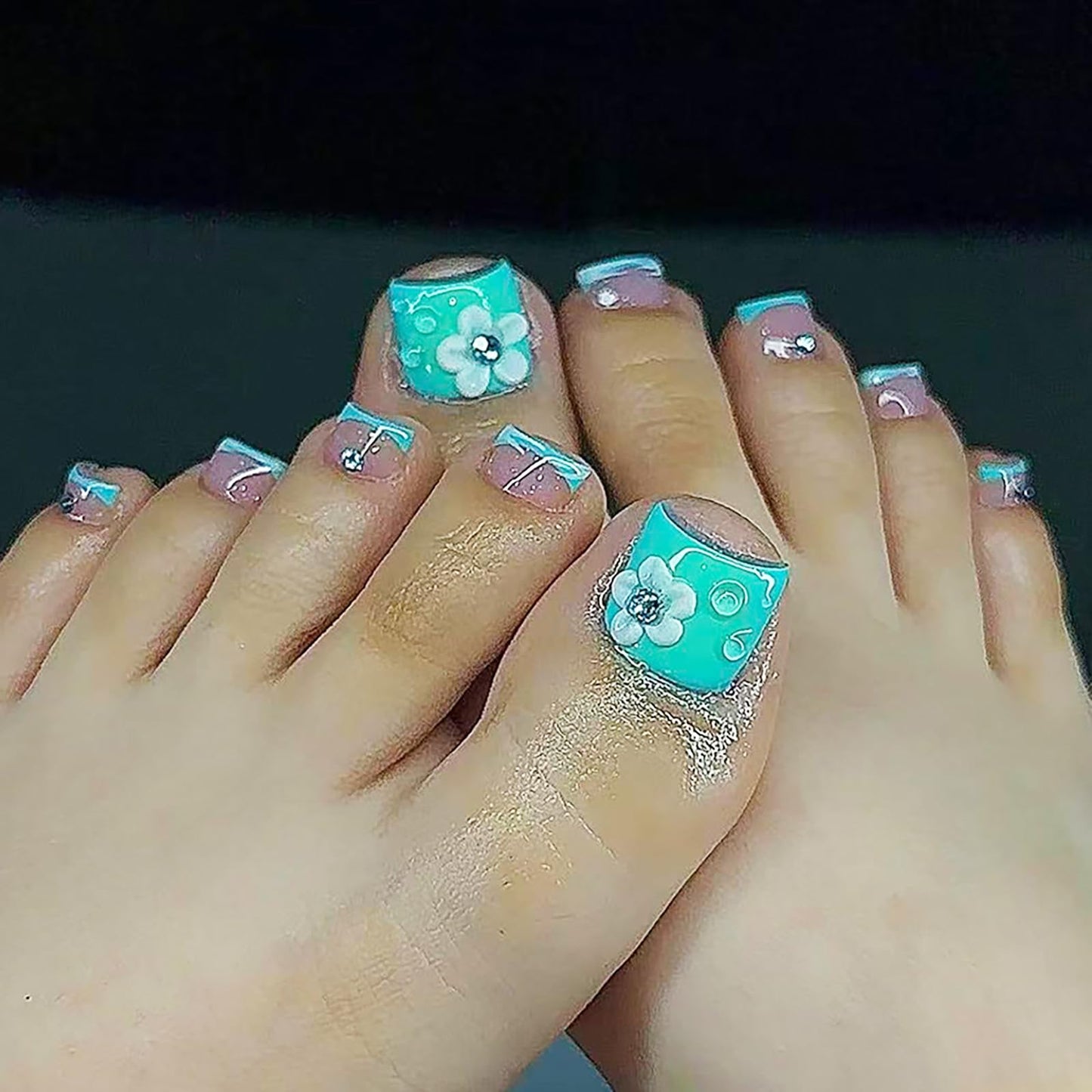 24Pcs Spring Summer Press on Toenails,Short Square Fake Toe Nails Green French with 3D Flower Rhinestones Designs Acrylic Toe Nail Press Ons Full Cover Glossy Stick on Toenails for Women